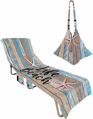 Blue Wood Grain Chaise Lounger Cover with Pockets, Pool Lounge Chair Covers 85"x29", life is Better at the Beach Microfiber Beach Chair Cover for Outdoor Patio Sunbathing