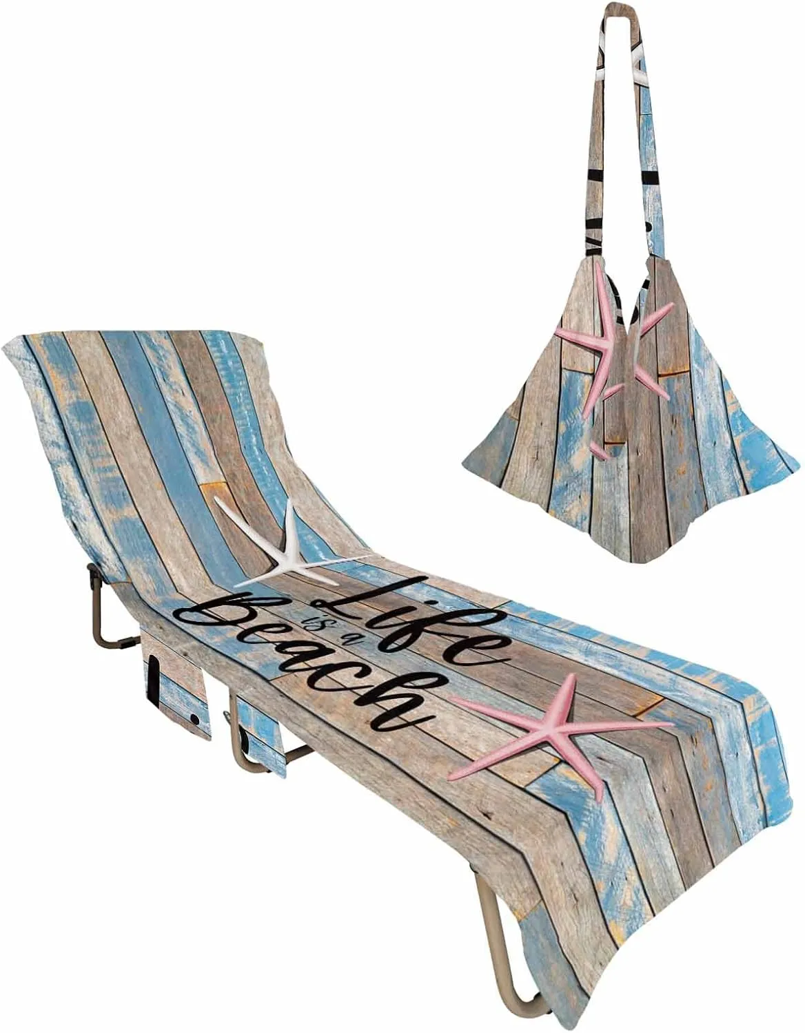 Blue Wood Grain Chaise Lounger Cover with Pockets, Pool Lounge Chair Covers 85"x29", life is Better at the Beach Microfiber Beach Chair Cover for Outdoor Patio Sunbathing