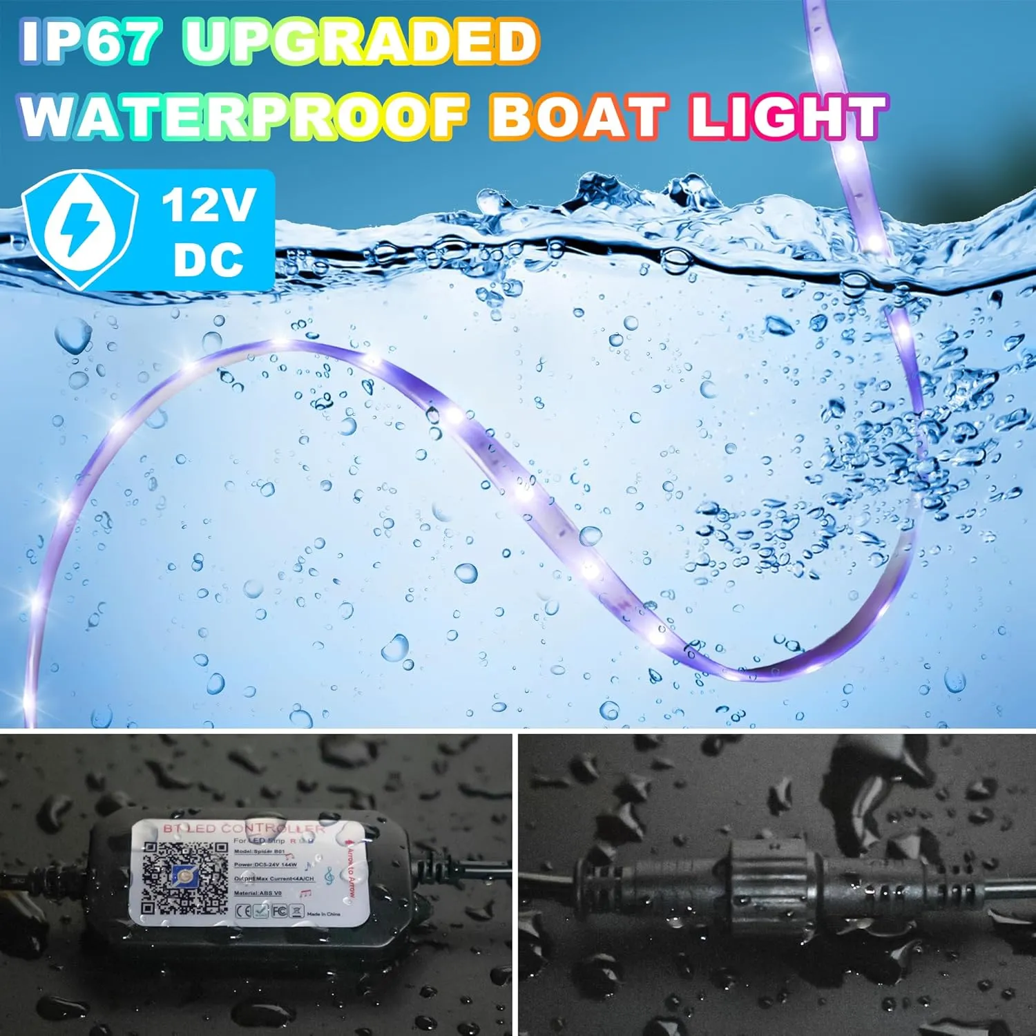 Boat Lights Led Waterproof 66FT, 12V RGB Marine LED Strip Exterior, IP67 Pontoon Boat Lights Interior with App for Pontoon, Bass, Deck, RV, Fishing Kayak