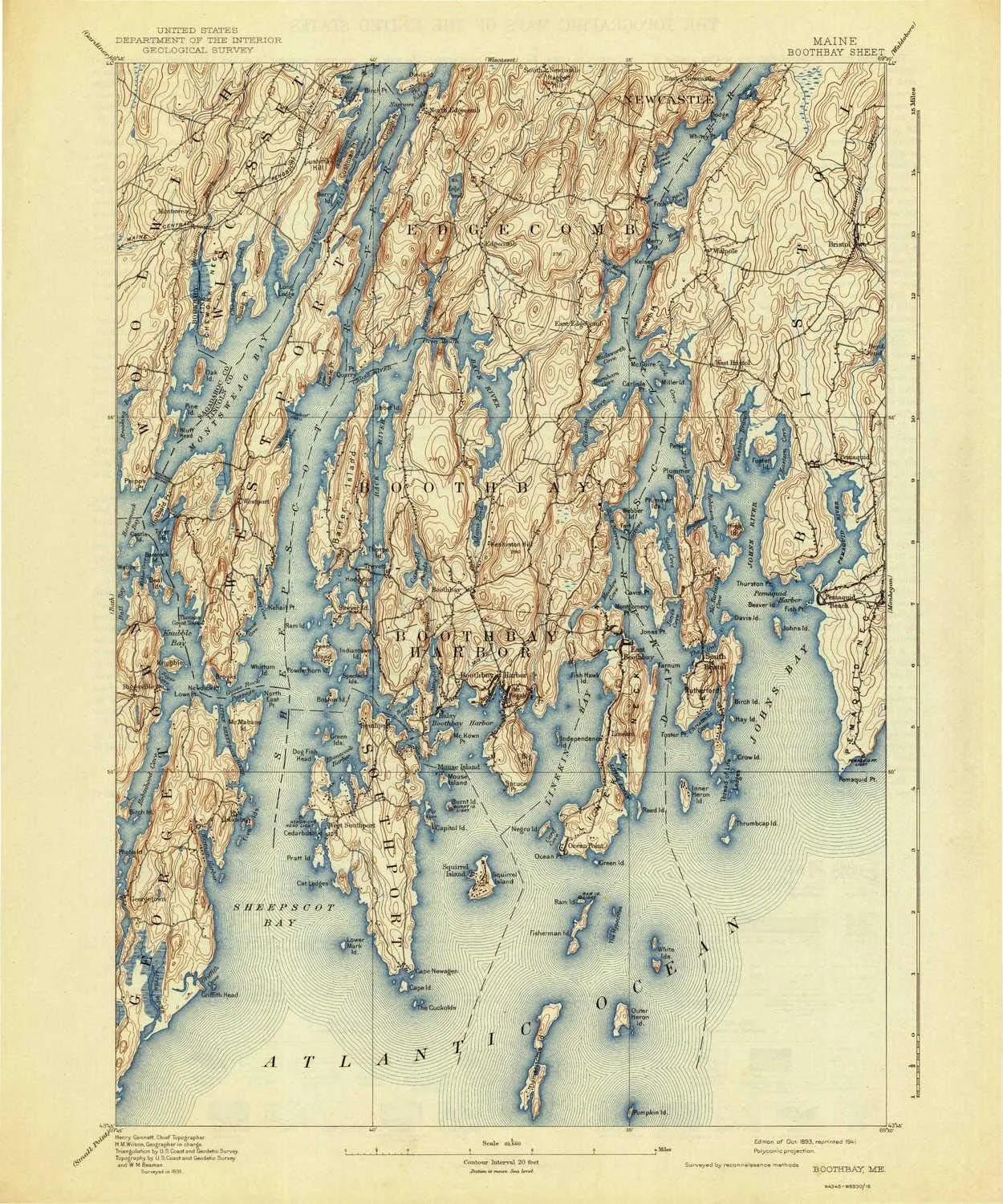 Boothbay ME topo map, 1:62500 Scale, 15 X 15 Minute, Historical, 1893, Updated 1941, 19.8 x 16.5 in