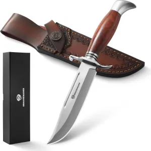 Bowie Knife, 10.5 Inch Hunting Knife with Sheath, Outdoor Survival Bushcraft Fixed Blade Knife, Comfortable African Rosewood Handle, Incl. Black Gift Box