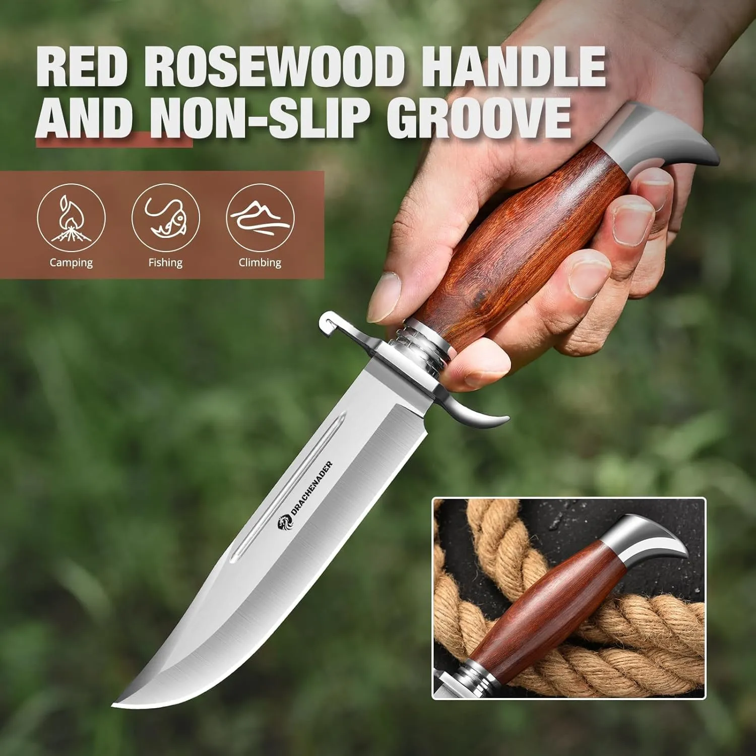 Bowie Knife, 10.5 Inch Hunting Knife with Sheath, Outdoor Survival Bushcraft Fixed Blade Knife, Comfortable African Rosewood Handle, Incl. Black Gift Box