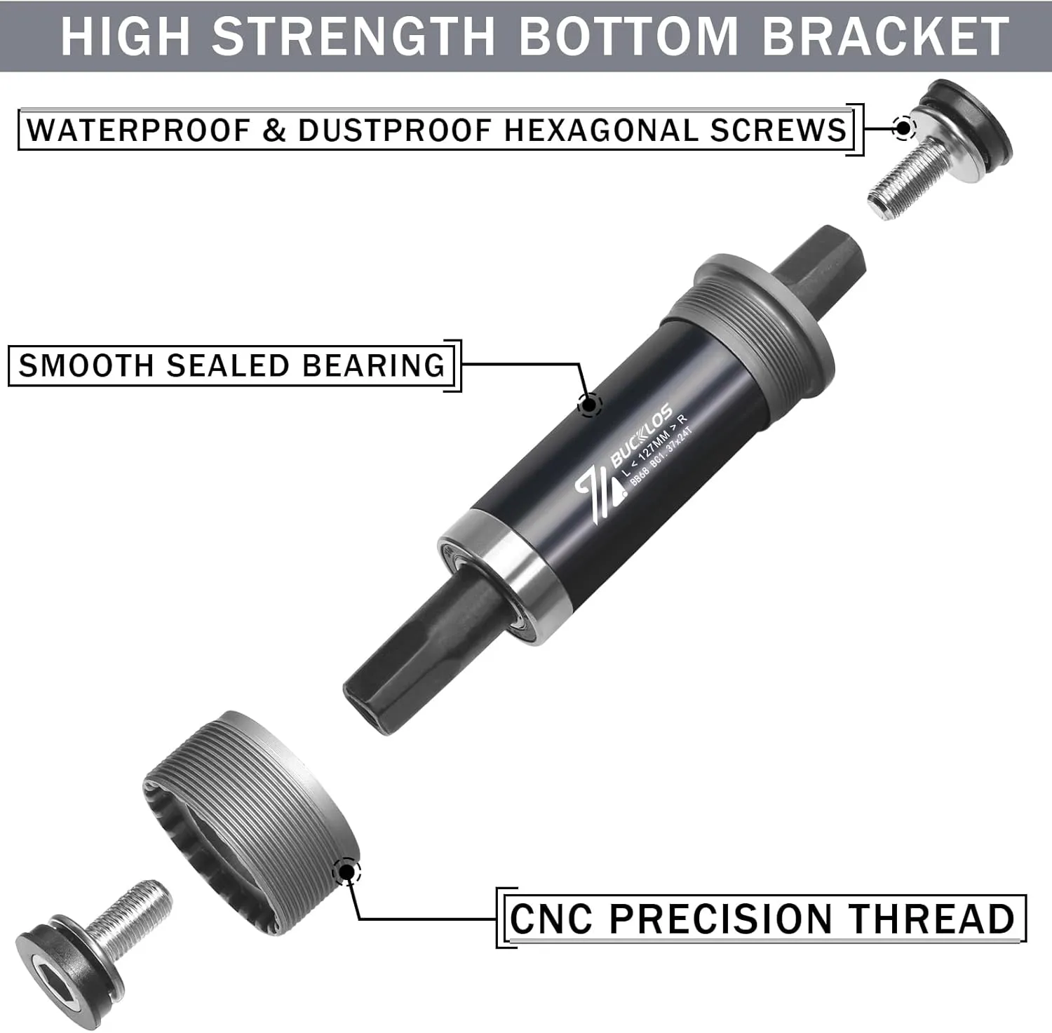 BUCKLOS Bike Square Taper Bottom Bracket - 68/80/90/100/110/120x110.5 113 116 118 122.5 127 140 152 156 166 174mm Bicycle BSA Brackets for Mountain/MTB/Road/Fat Bike/Ebike