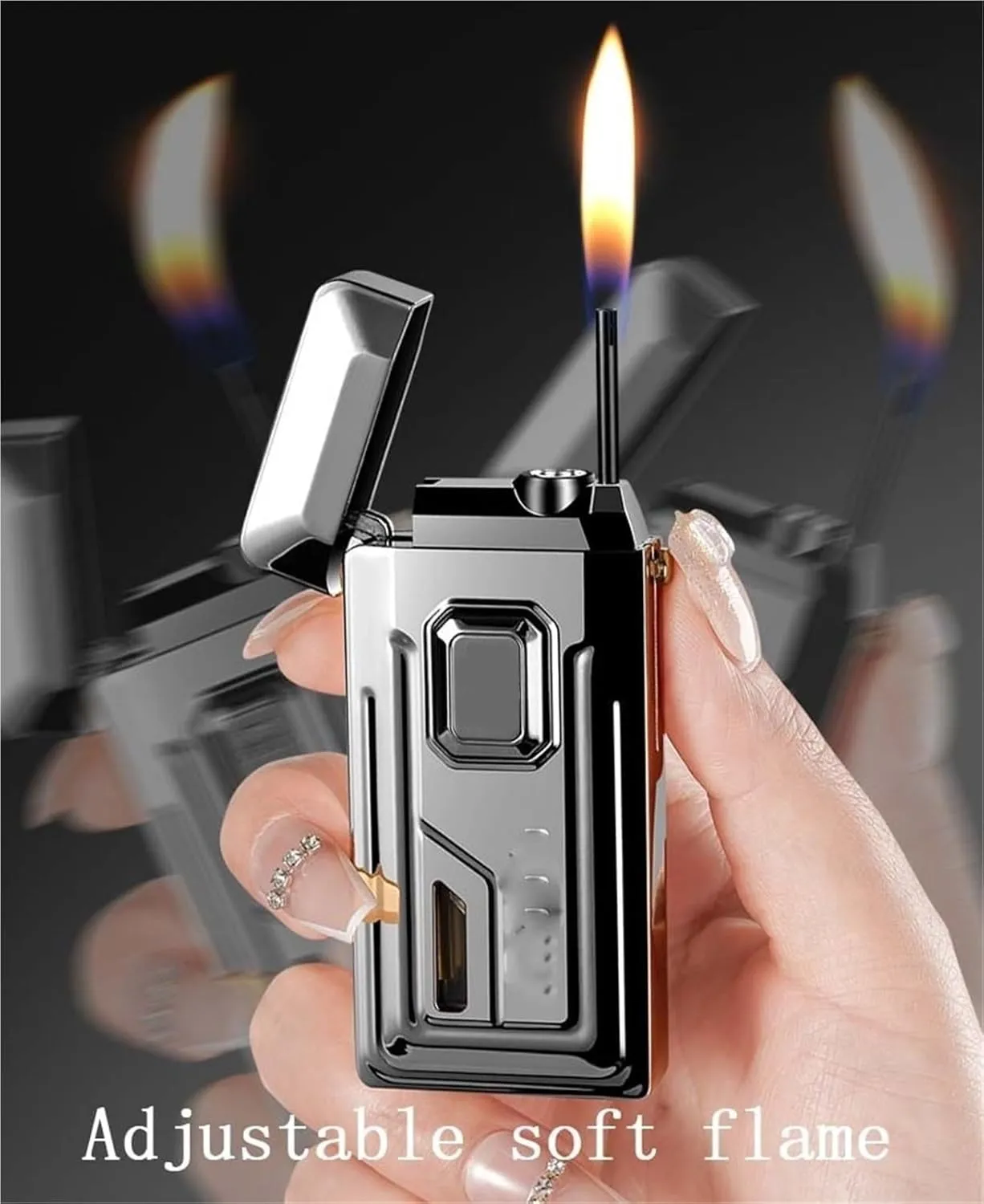 Butane Open lid Butane Windproof Jet Torch Lighter, Dual Flame Adjustable Flame refillable Butane Lighter, Suitable for Outdoor Men's Gifts (Fuel not Included)(Green)