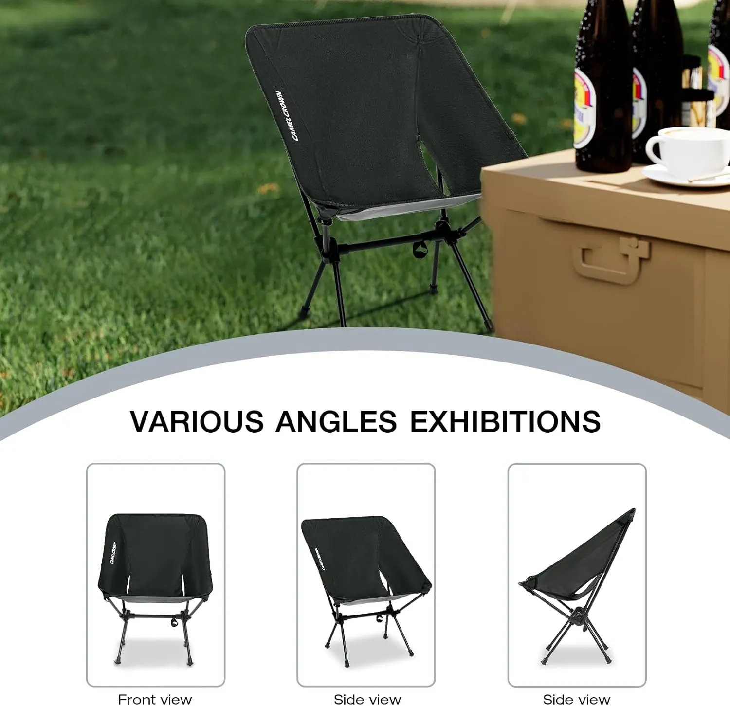 CAMEL CROWN Portable Camping Chair Folding Compact Lawn Lightweight Backpacking Chair with Carry Bag for Outdoor Hiking Beach Travel Picnic Festival Black