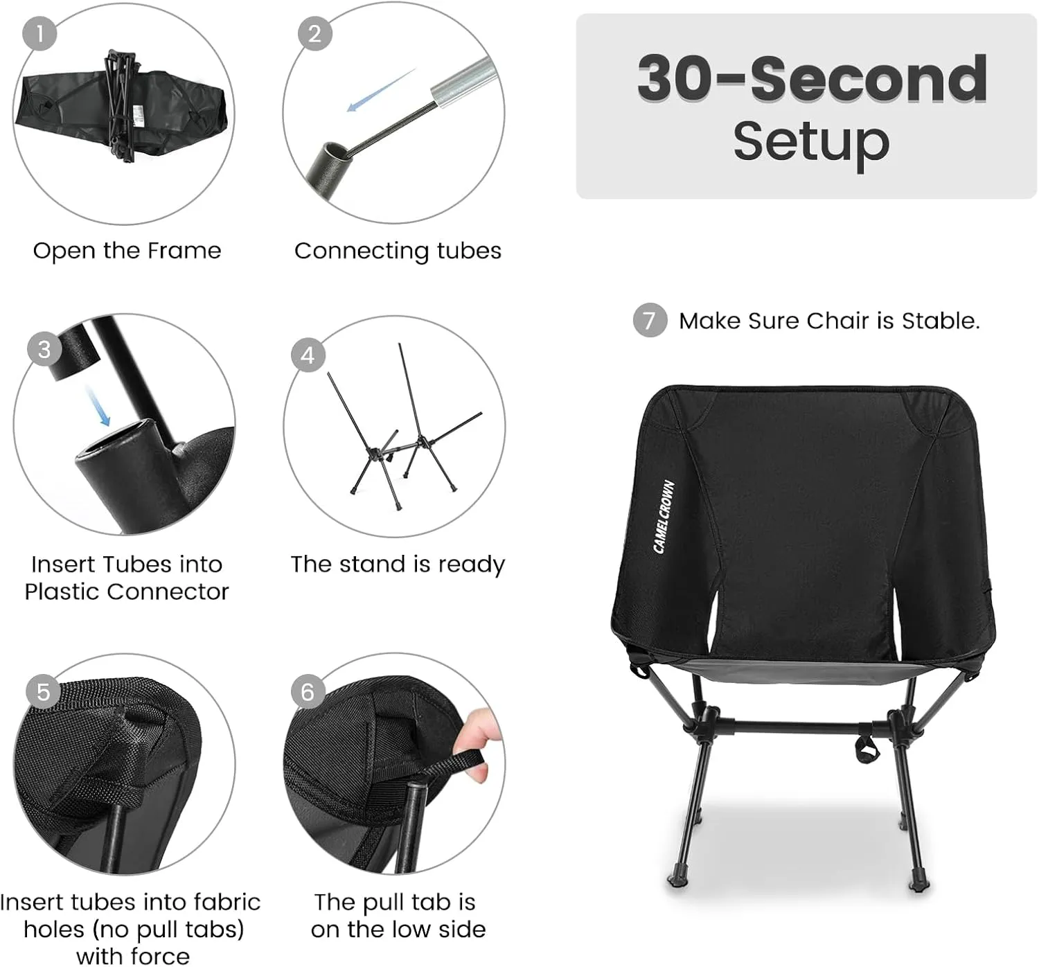 CAMEL CROWN Portable Camping Chair Folding Compact Lawn Lightweight Backpacking Chair with Carry Bag for Outdoor Hiking Beach Travel Picnic Festival Black