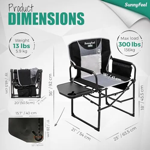 Camping Directors Chair,Heavy Duty,Oversized Portable Folding Chair w/ Side Table