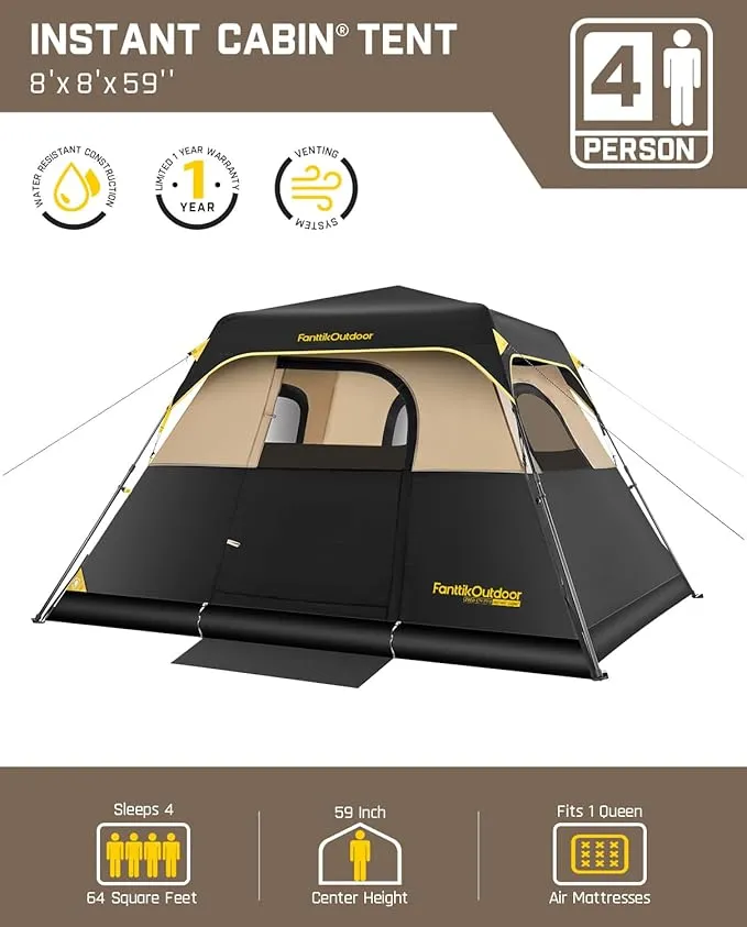 Camping Tent 4/6/8/10 Person Instant Cabin Tent Setup in 60s with Rainfly & Windproof Portable Tent with Carry Bag for Family Camping & Hiking, Upgraded Ventilation