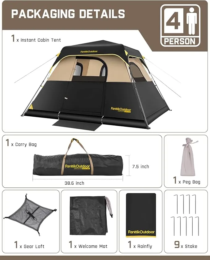 Camping Tent 4/6/8/10 Person Instant Cabin Tent Setup in 60s with Rainfly & Windproof Portable Tent with Carry Bag for Family Camping & Hiking, Upgraded Ventilation