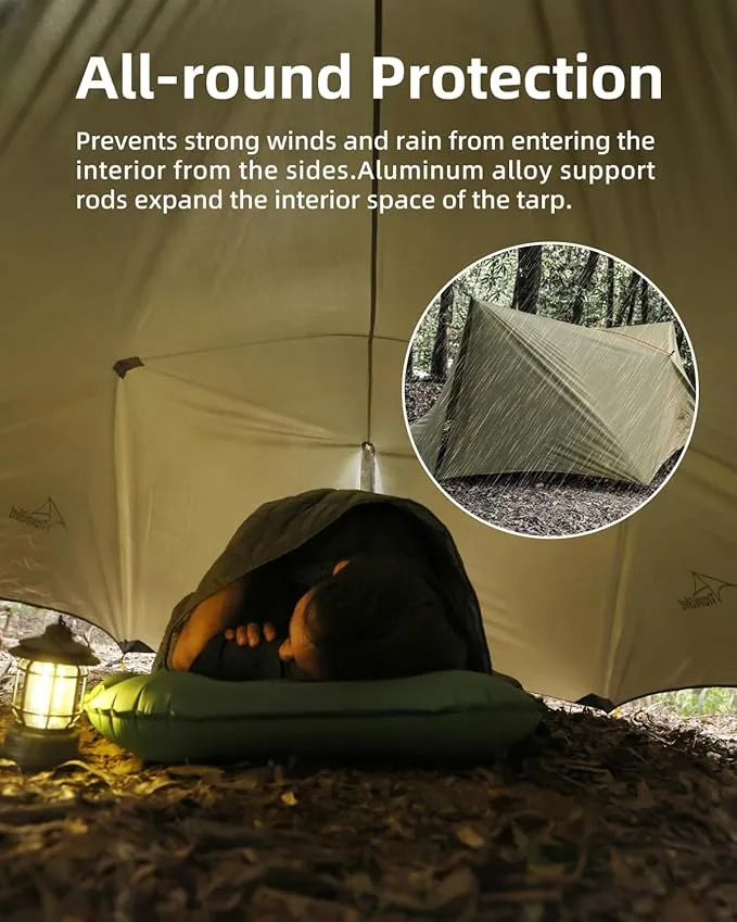 Camping Tent Tarp Waterproof, Ultralight Hammock Rain Fly, Portable Rain Tarp Canopy with Doors, Multifunctional Bushcraft Tarp for Outdoor Backpacking Hiking, UV Protection