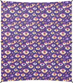Cartoon Mystery Purple Eyes Foldable Beach Canopy UPF50  Water-Resistant Large Sun Shade Includes Sand Shovel, Sandbags, Stability Poles for Camping, Fishing, Backyard Fun