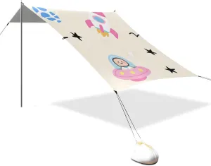 Cartoon Spaceship Rockets Aliens Designed UPF50 Beach Tent Water-Resistant Portable Sun Shelter with Sturdy Poles, Sandbags and Shovel for Camping, Picnics, Backyard & Fishing techo para Playa