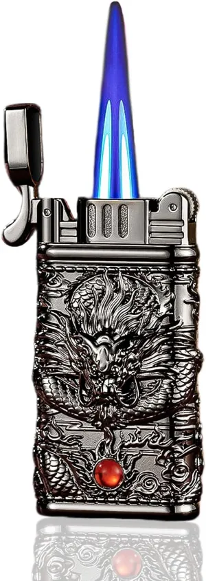 Carving Dragon Antique Lighter, Vintage Metal Lighters Pretty Aesthetic, Torch Lighter with Adjustable Jet Flame,Windproof and Fillable,for Barbecue Candles,Etc.(No Methane Gas) (Black)