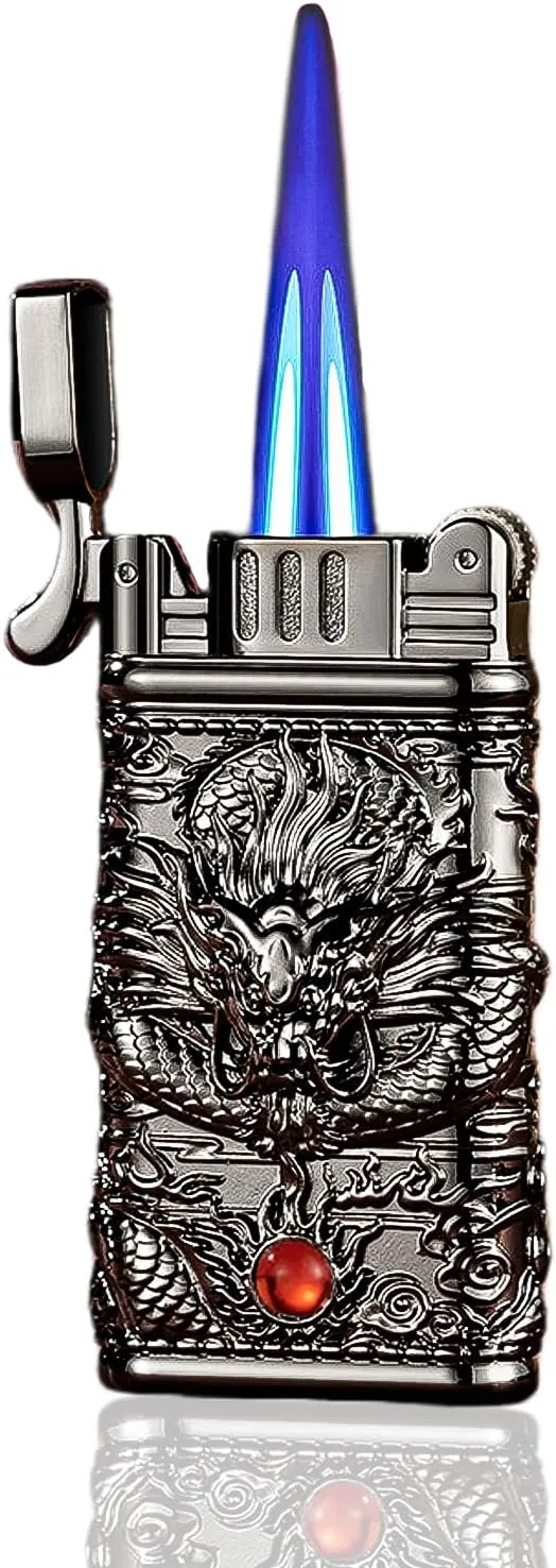 Carving Dragon Antique Lighter, Vintage Metal Lighters Pretty Aesthetic, Torch Lighter with Adjustable Jet Flame,Windproof and Fillable,for Barbecue Candles,Etc.(No Methane Gas) (Black)