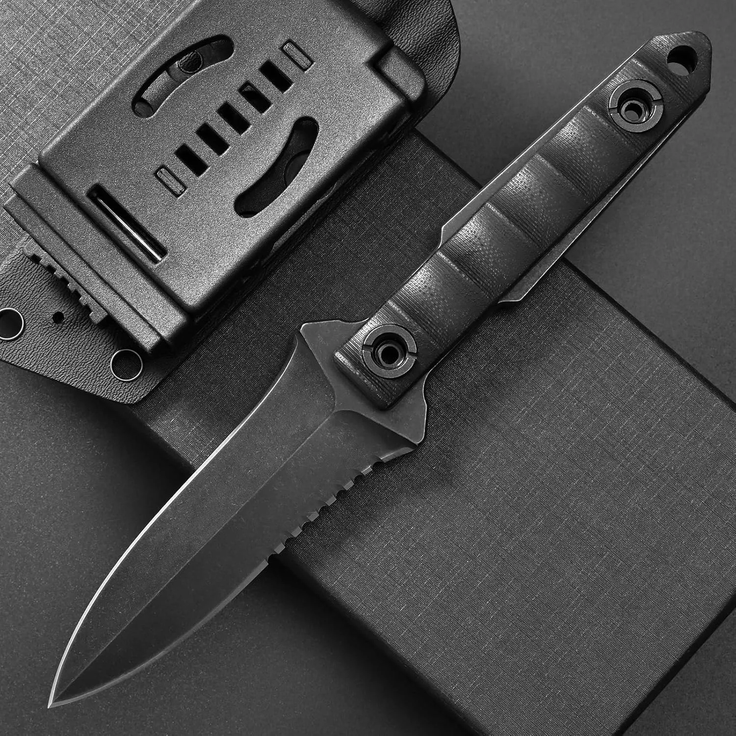 Ccanku C1290 Fixed Blade Marine Corp Serrated Knife 8 Inch D2 Blade Steel & G10 Handle For Outdoor Survival, Camping, Bushcraft and Hunting, K Sheath-Black