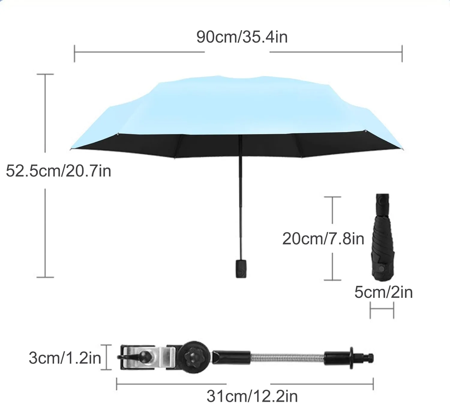 Chair Umbrella with Clamp, Adjustable Umbrella for Chair, Stroller Umbrella Parasol, Waterproof Umbrella for Beach Chair, Wheelchair, Stroller, Camping Chair