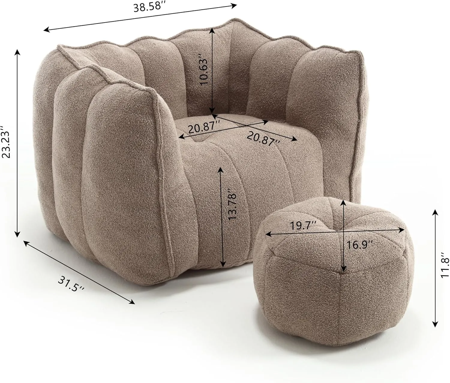 Chenille Bean Bag Chair with Footstool, High-Resilient Foam Chips Filling, Ergonomic Handle & Armrests, Square Lazy Sofa, Cover for Adults to Gaming, Reading, TV, Living Room/Bedroom (Coffee)