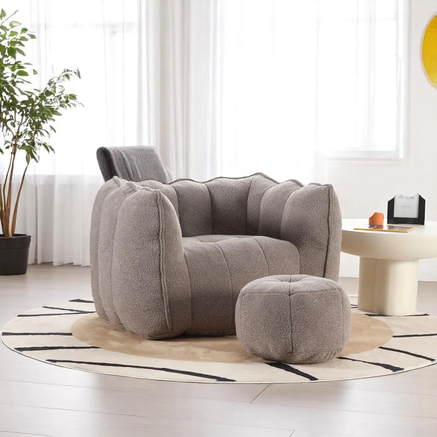 Chenille Bean Bag Chair with Footstool, High-Resilient Foam Chips Filling, Ergonomic Handle & Armrests, Square Lazy Sofa, Cover for Adults to Gaming, Reading, TV, Living Room/Bedroom (Coffee)
