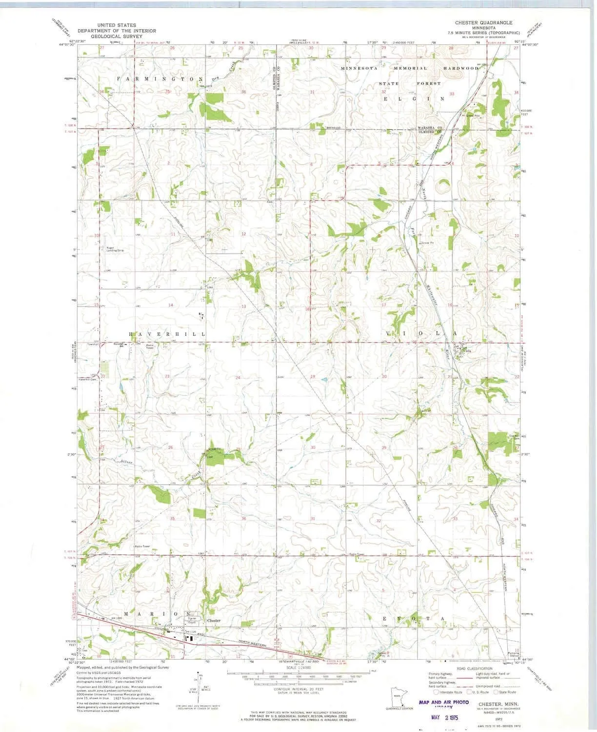 Chester MN topo map, 1:24000 Scale, 7.5 X 7.5 Minute, Historical, 1972, Updated 1975, 27.23 x 21.53 in