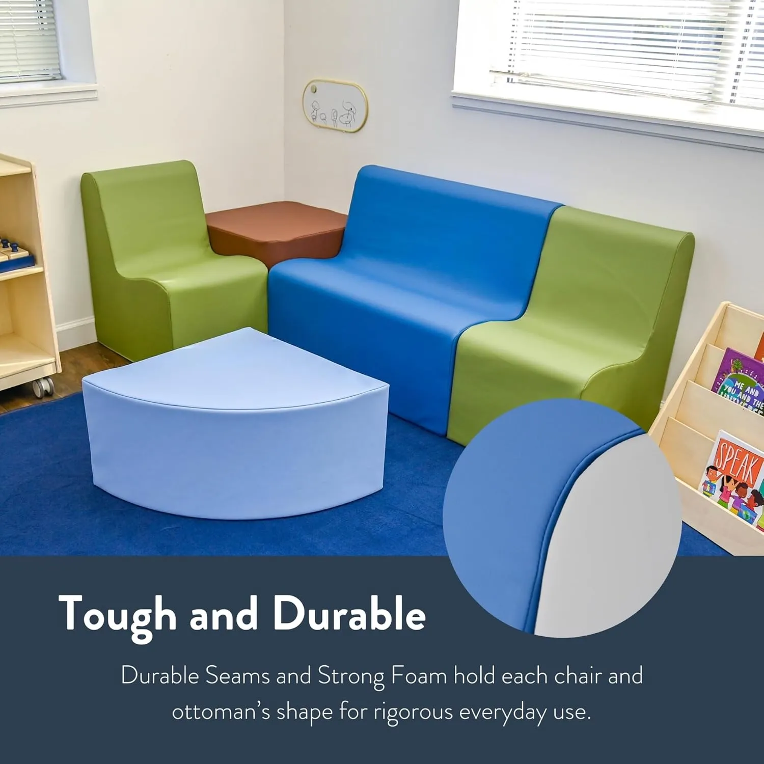 Children's Factory Medium Corner Ottoman, Mix-and-Match Kids Chairs, Sofas, Corner Ottomans and Cubes, Foam-Filled and Water-Resistant, Flexible Seating for Classroom Elementary, Fern