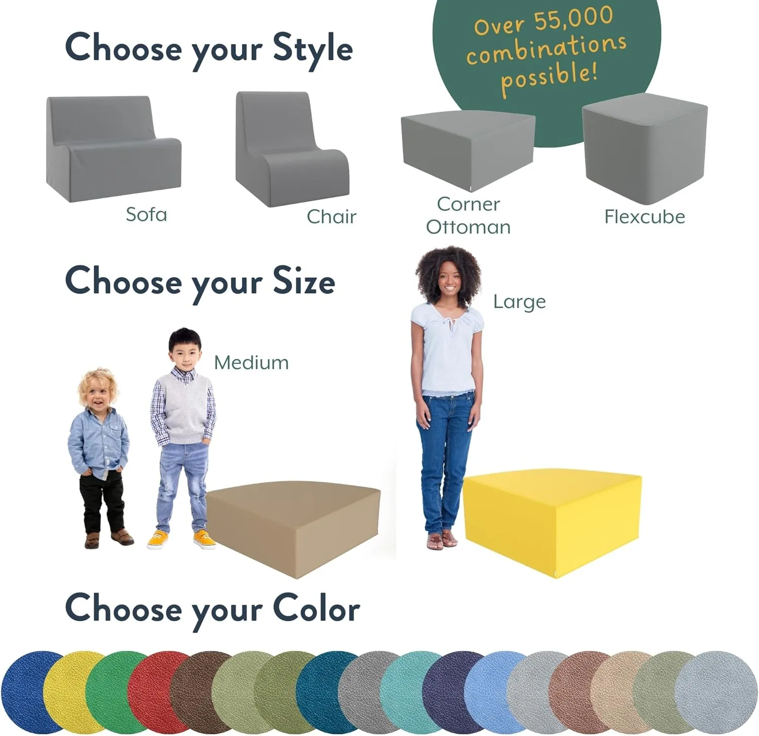 Children's Factory Medium Corner Ottoman, Mix-and-Match Kids Chairs, Sofas, Corner Ottomans and Cubes, Foam-Filled and Water-Resistant, Flexible Seating for Classroom Elementary, Fern