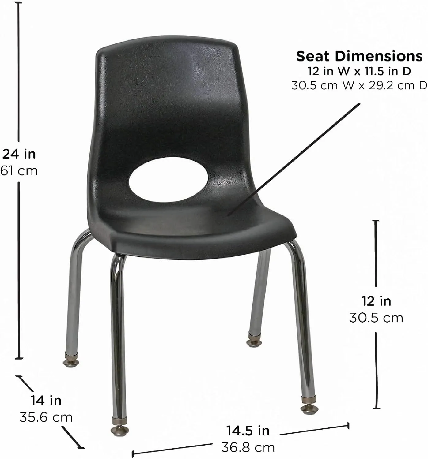 Children’s Factory MyPosture Plus 12" Chair, Black with Chrome Legs, 2 Pack, Stackable Ergonomic Seating Solution for Classrooms and Homeschools