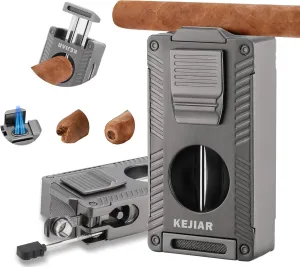 Cigar Lighter Refillable Butane Lighter with V Cut Cutter, Hole Puncher, Holder, Cigar Draw Enhancer, Multifunctional Dual Jet Flame Windproof Torch Lighters for Smoking (Grey)