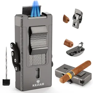 Cigar Torch Lighter, Windproof Refillable Butane Lighter with Cigar V Cutter, Cigar Punch, Cigar Holder, Cigar Draw Enhancer 5 in 1, Adjustable Triple Jet Flame Torch Lighters for Smoking
