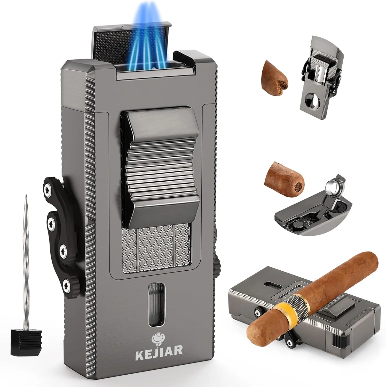 Cigar Torch Lighter, Windproof Refillable Butane Lighter with Cigar V Cutter, Cigar Punch, Cigar Holder, Cigar Draw Enhancer 5 in 1, Adjustable Triple Jet Flame Torch Lighters for Smoking