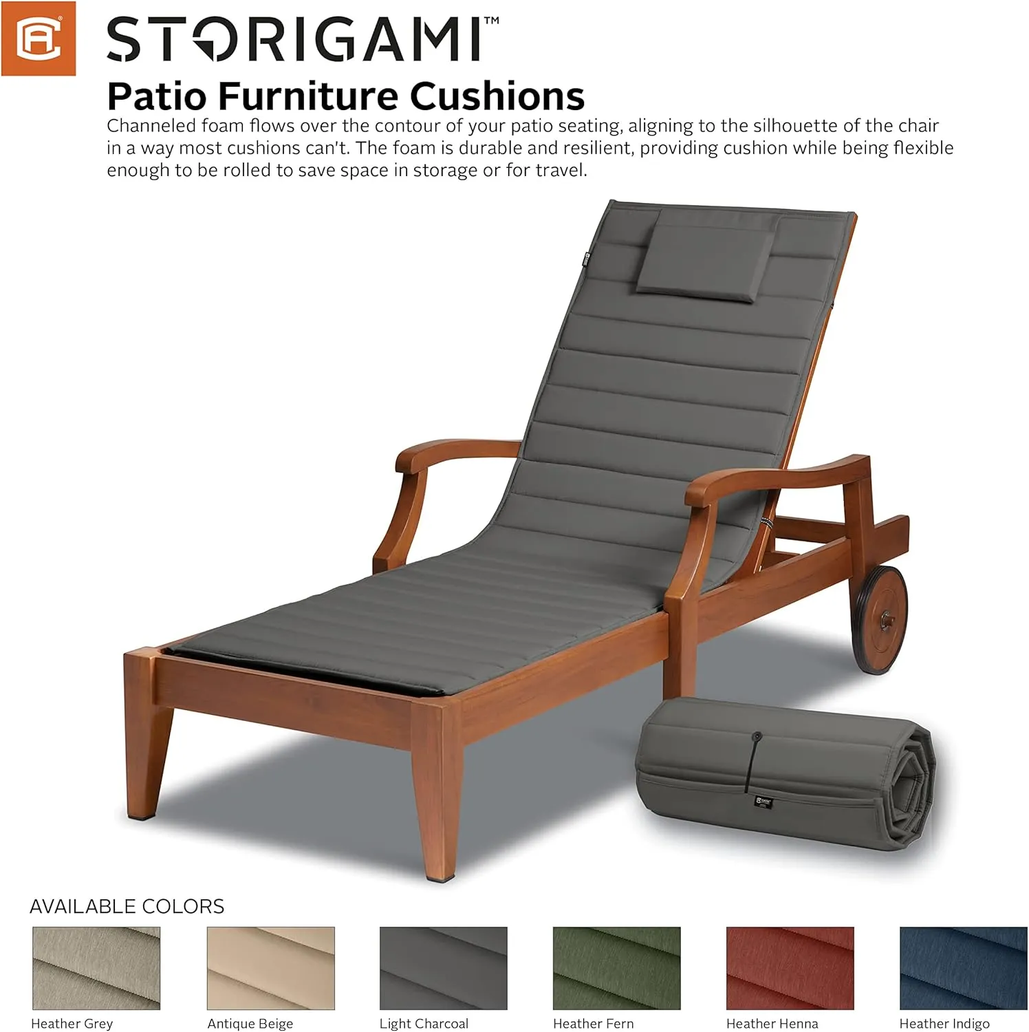 Classic Accessories Storigami Water-Resistant 80 x 26 Inch Chaise Lounge Cushion, Light Charcoal (Chair not included), Patio Cushion