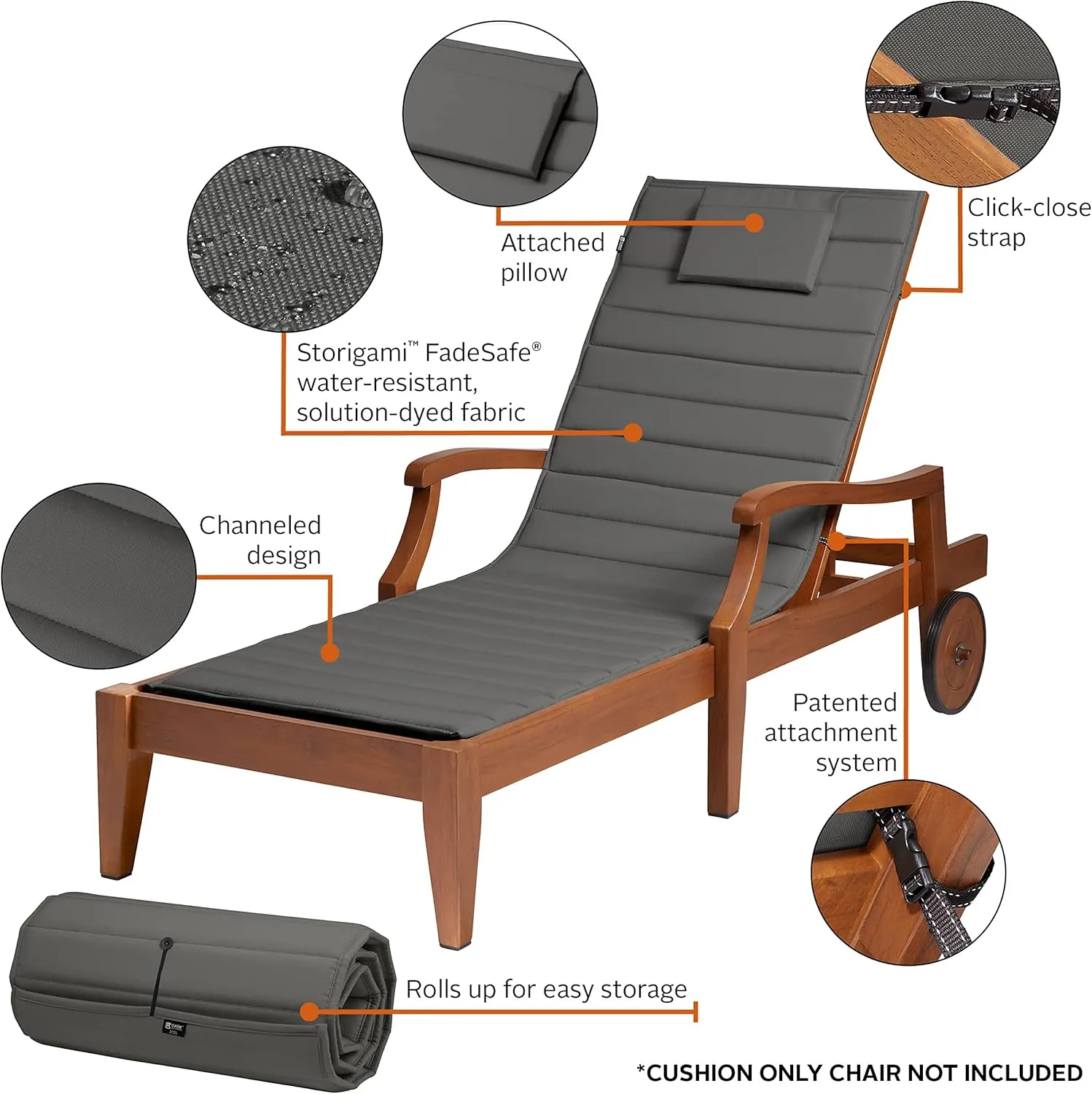Classic Accessories Storigami Water-Resistant 80 x 26 Inch Chaise Lounge Cushion, Light Charcoal (Chair not included), Patio Cushion