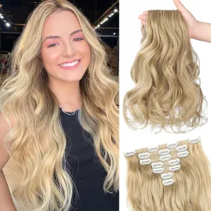 Clip in Hair Extensions, 22 Inch 6 PCS Natural Curly Soft Synthetic Hair Extensions Clip ins, Ash Blonde Long Wavy Hairpiece for Women
