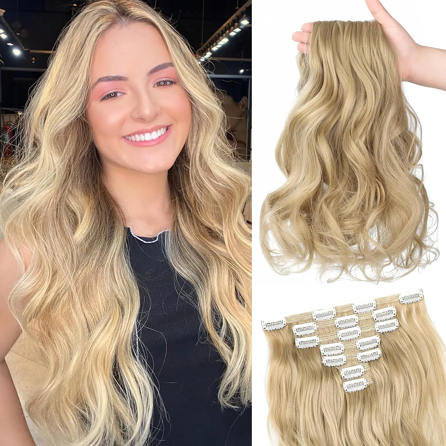 Clip in Hair Extensions, 22 Inch 6 PCS Natural Curly Soft Synthetic Hair Extensions Clip ins, Ash Blonde Long Wavy Hairpiece for Women