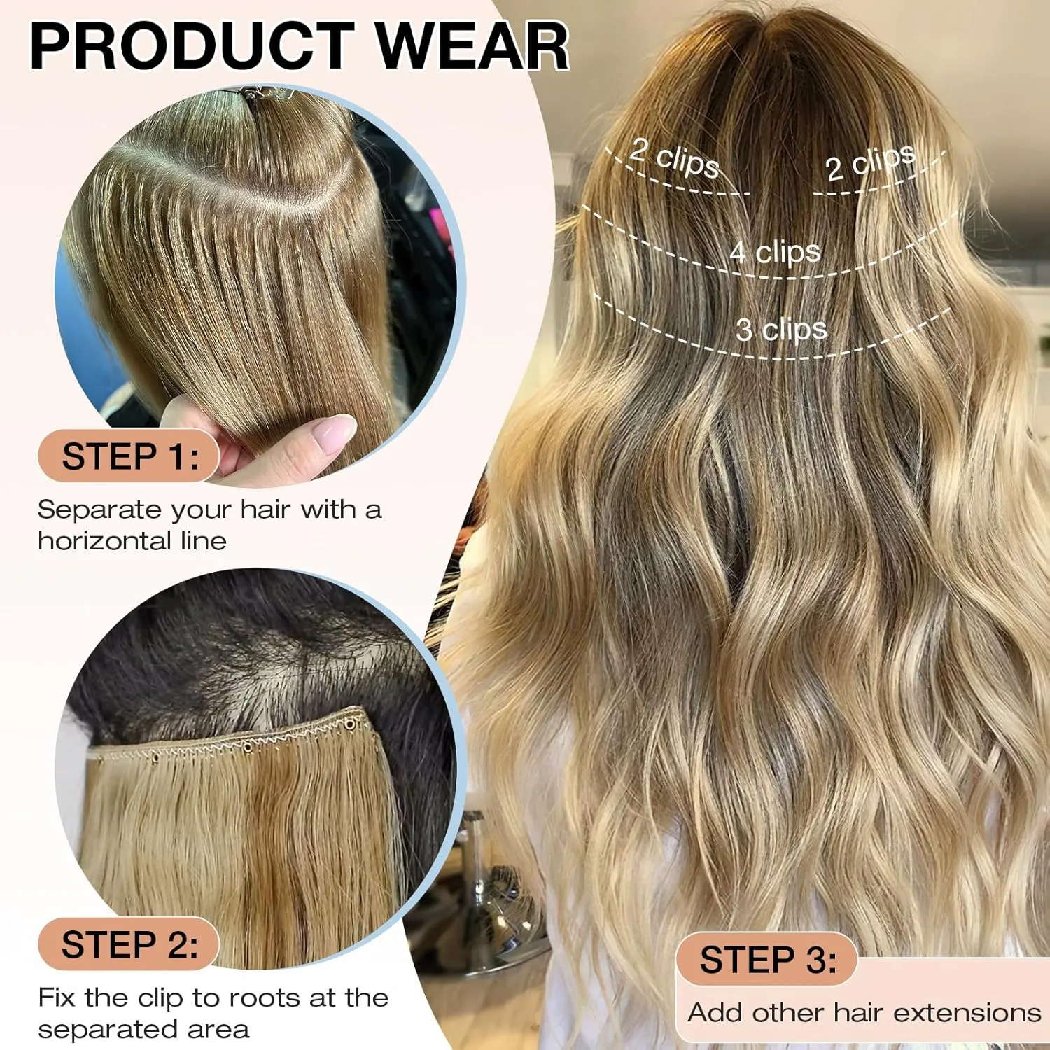 Clip in Hair Extensions, 22 Inch 6 PCS Natural Curly Soft Synthetic Hair Extensions Clip ins, Ash Blonde Long Wavy Hairpiece for Women