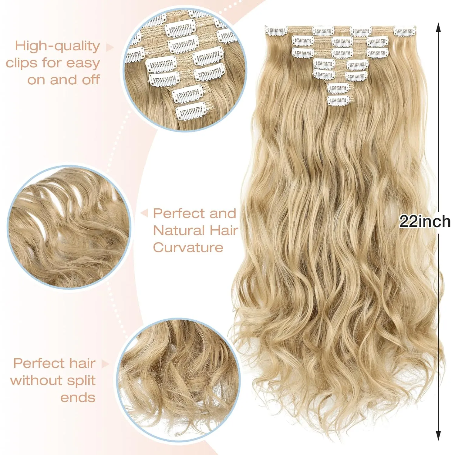 Clip in Hair Extensions, 22 Inch 6 PCS Natural Curly Soft Synthetic Hair Extensions Clip ins, Ash Blonde Long Wavy Hairpiece for Women