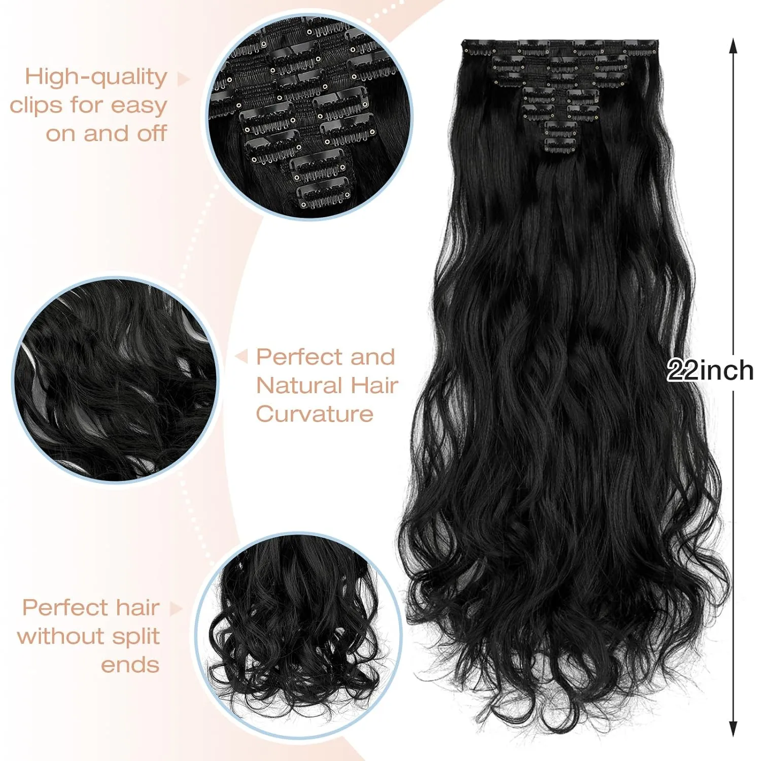 Clip in Hair Extensions, 22 Inch 6 PCS Natural Curly Soft Synthetic Hair Extensions Clip ins, Dark Black Long Wavy Hairpiece for Women