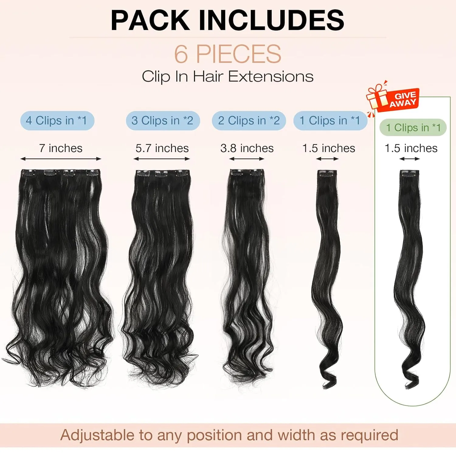 Clip in Hair Extensions, 22 Inch 6 PCS Natural Curly Soft Synthetic Hair Extensions Clip ins, Dark Black Long Wavy Hairpiece for Women
