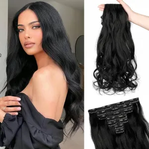 Clip in Hair Extensions, 22 Inch 6 PCS Natural Curly Soft Synthetic Hair Extensions Clip ins, Dark Black Long Wavy Hairpiece for Women