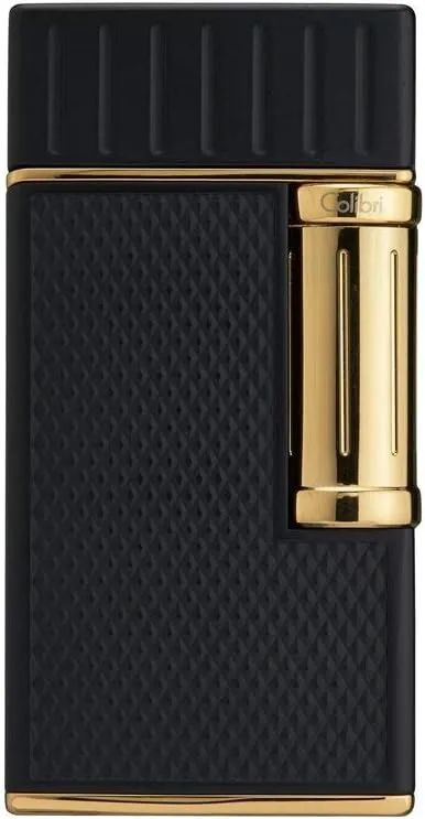 Colibri Julius Double Flame Butane Flint Cigar Lighter with Diamond-Pattern Case, Windproof & Refillable, Cigar Enthusiast's Choice with Blue Fuel Window and Adjustable Flame (Black   Gold)