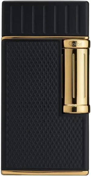 Colibri Julius Double Flame Butane Flint Cigar Lighter with Diamond-Pattern Case, Windproof & Refillable, Cigar Enthusiast's Choice with Blue Fuel Window and Adjustable Flame (Black   Gold)