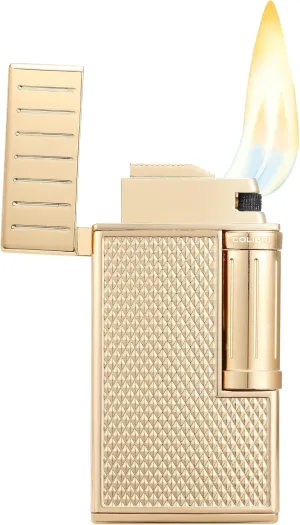 Colibri Julius Double Flame Butane Flint Cigar Lighter with Diamond-Pattern Case, Windproof & Refillable, Cigar Enthusiast's Choice with Blue Fuel Window and Adjustable Flame (Gold)