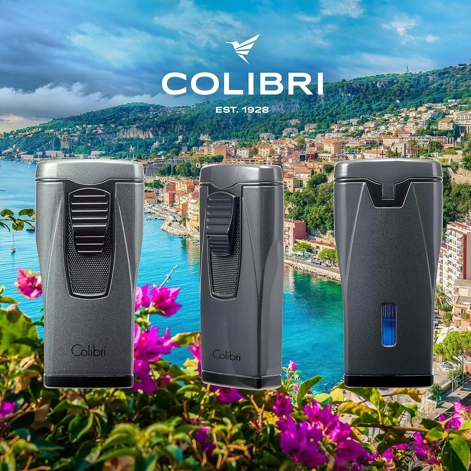Colibri Monaco Triple Jet Flame Lighter - Windproof & Refillable, Cigar Enthusiast's Choice with Blue Fuel Window and Adjustable Flame (Metallic Charcoal)