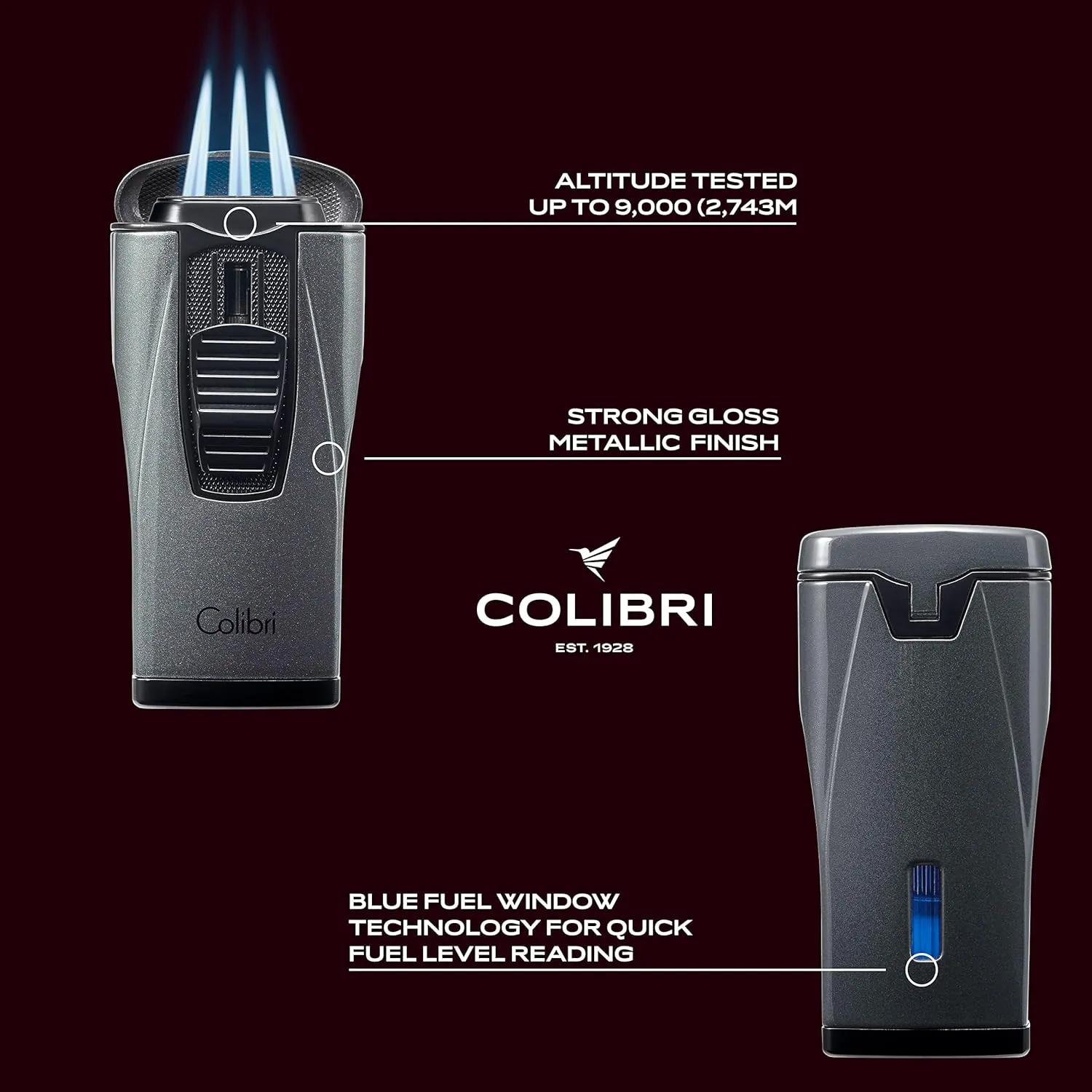 Colibri Monaco Triple Jet Flame Lighter - Windproof & Refillable, Cigar Enthusiast's Choice with Blue Fuel Window and Adjustable Flame (Metallic Charcoal)