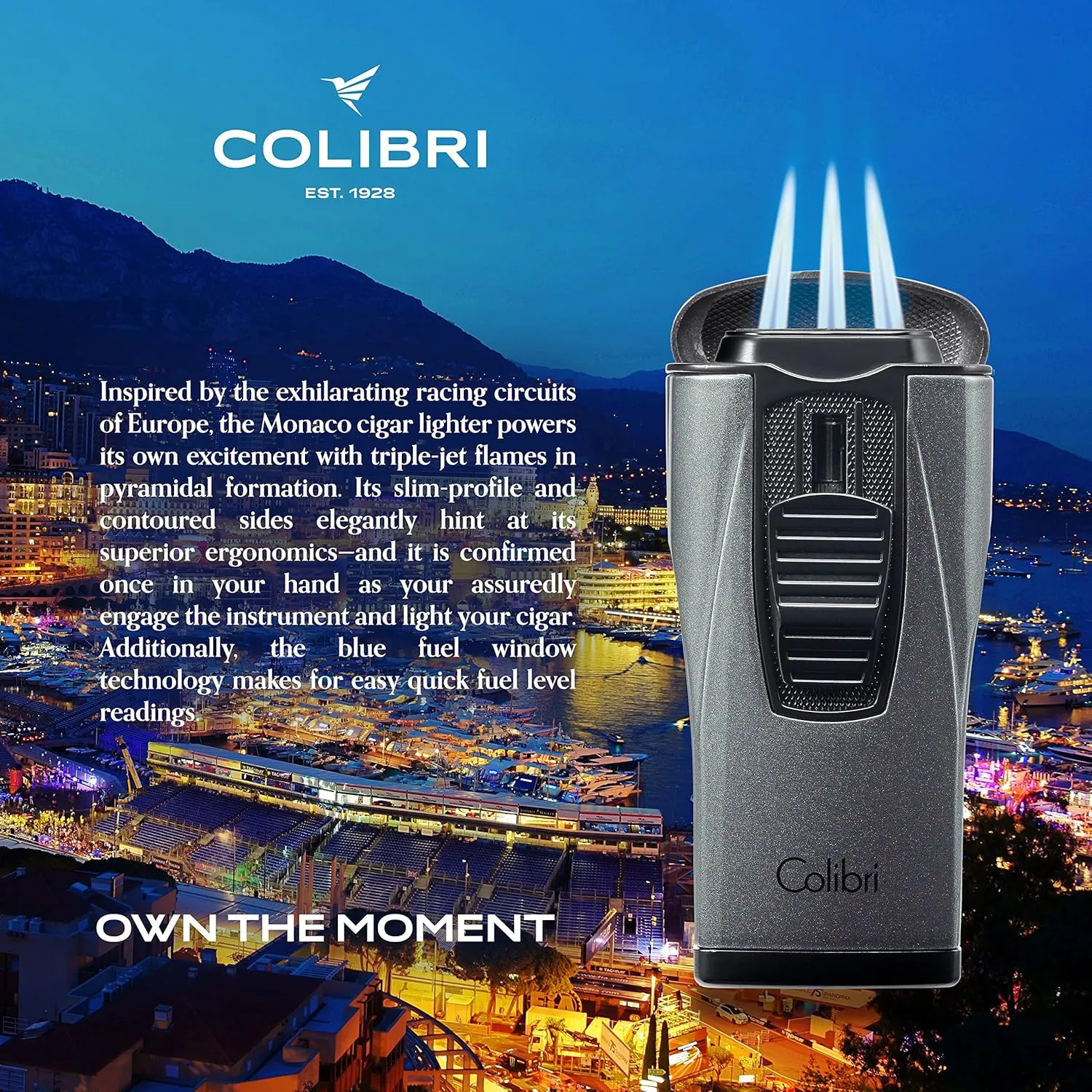 Colibri Monaco Triple Jet Flame Lighter - Windproof & Refillable, Cigar Enthusiast's Choice with Blue Fuel Window and Adjustable Flame (Metallic Charcoal)