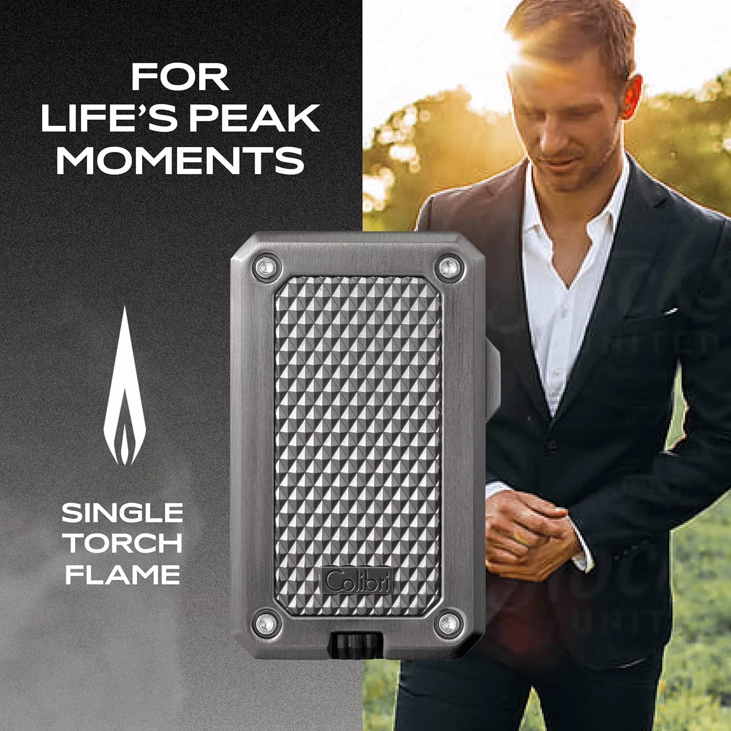 Colibri Rally Single Jet Flame Butane Lighter, Windproof & Refillable, Cigar Enthusiast's Choice with Blue Fuel Window and Adjustable Flame (Gunmetal)
