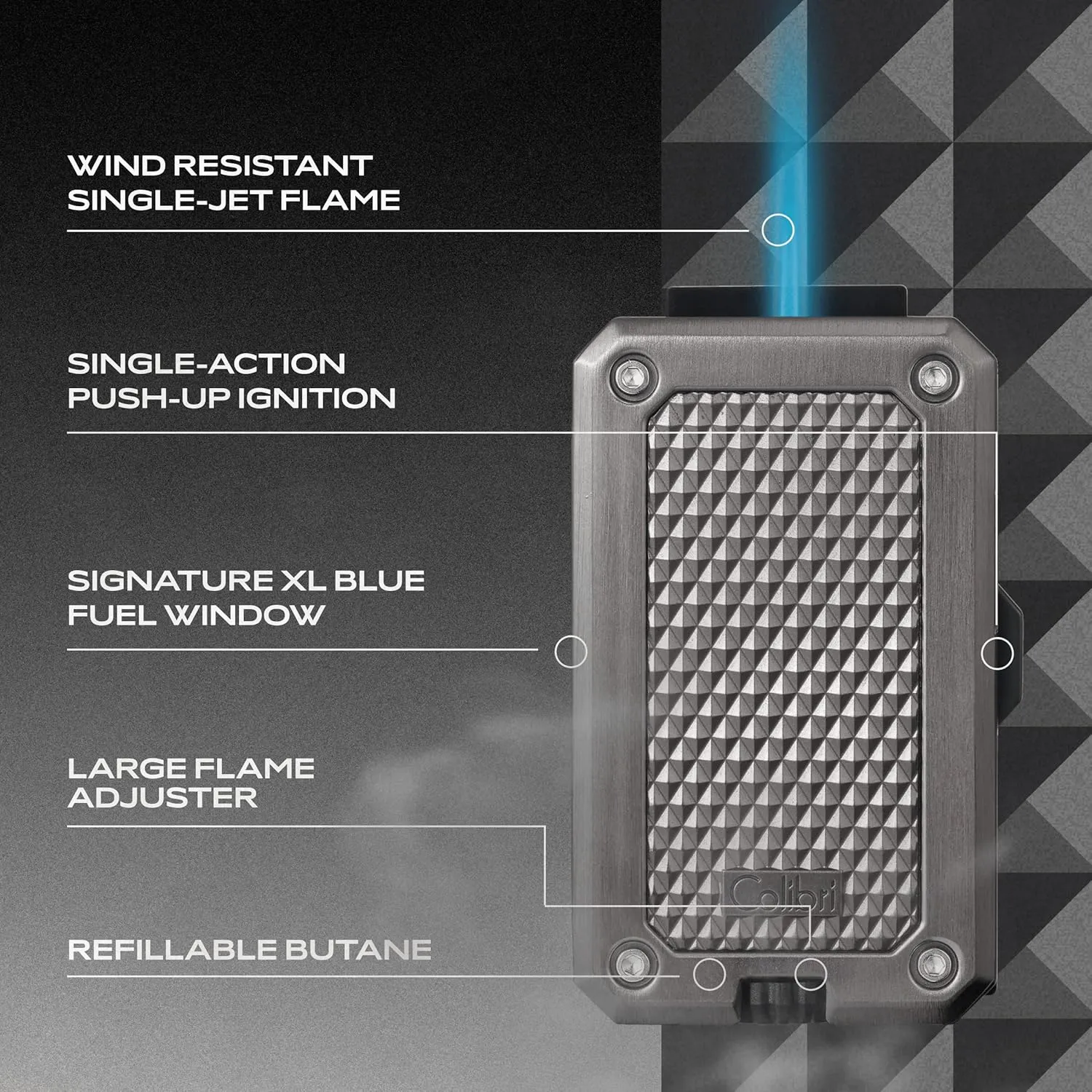 Colibri Rally Single Jet Flame Butane Lighter, Windproof & Refillable, Cigar Enthusiast's Choice with Blue Fuel Window and Adjustable Flame (Gunmetal)