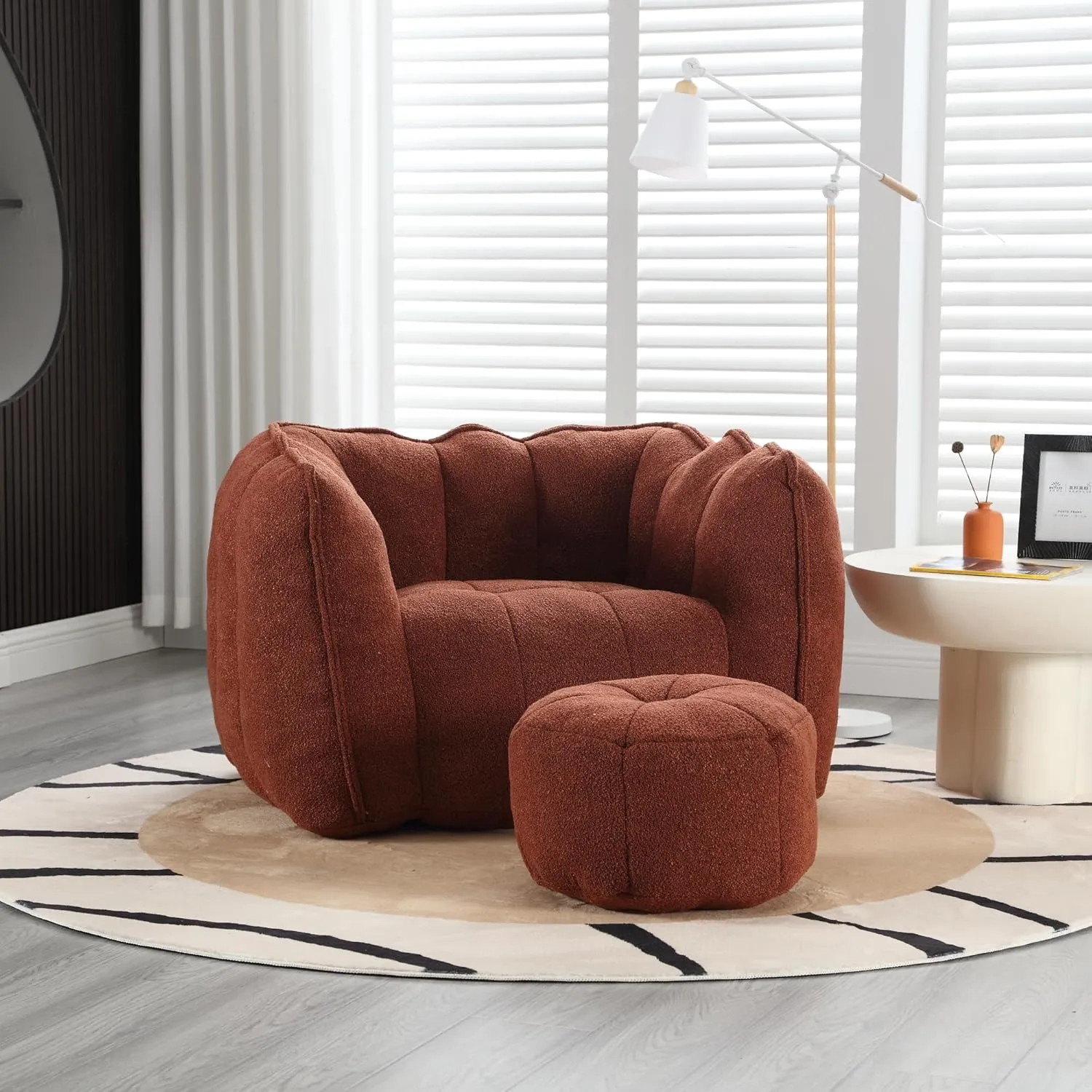 Comfortable Soft Bean Bag Chair with High Resilient Foam for Relaxing, Reading, and Gaming, Includes Footstool, Red Brown