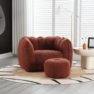 Comfortable Soft Bean Bag Chair with High Resilient Foam for Relaxing, Reading, and Gaming, Includes Footstool, Red Brown
