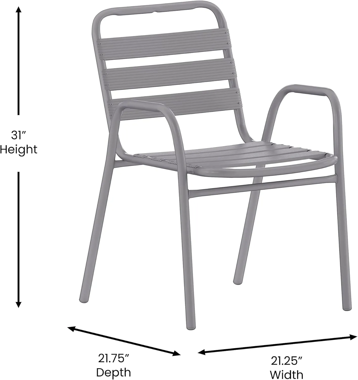 Commercial Restaurant Stack Chair with Triple Slat Back and Arms, Indoor-Outdoor Dining Chair, Silver