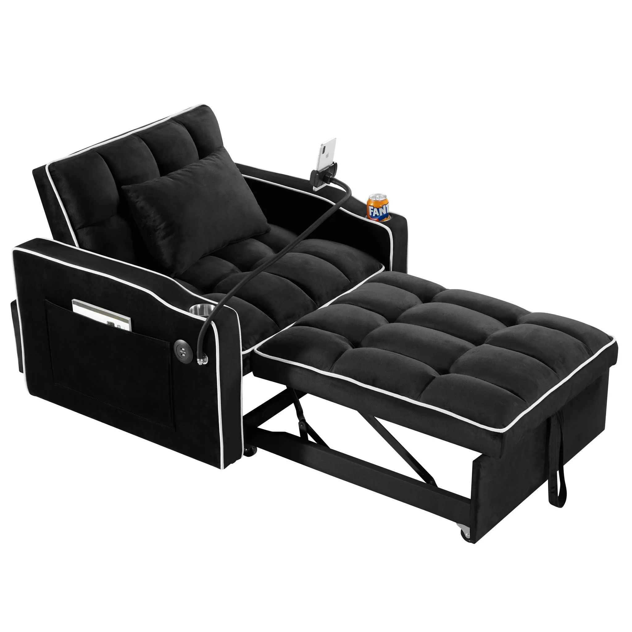 Convertible Sleeper Chair Sofa Bed Adjustable Pull Out Sleeper Chair Bed Multi-Pockets Folding Sofa Bed For Living Room Bedroom Small Space, 3 In 1 Sofa Bed
